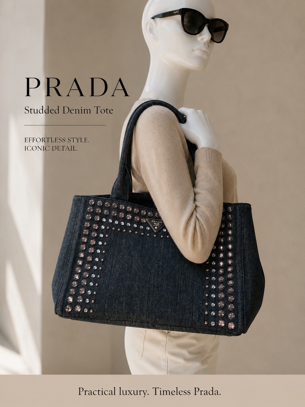 Prada Canapa Blue Studded Denim Tote - Picture 1 of 11